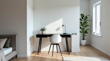 Minimalist Home Office Workspace with Natural Light and Plants for Modern Interior Design