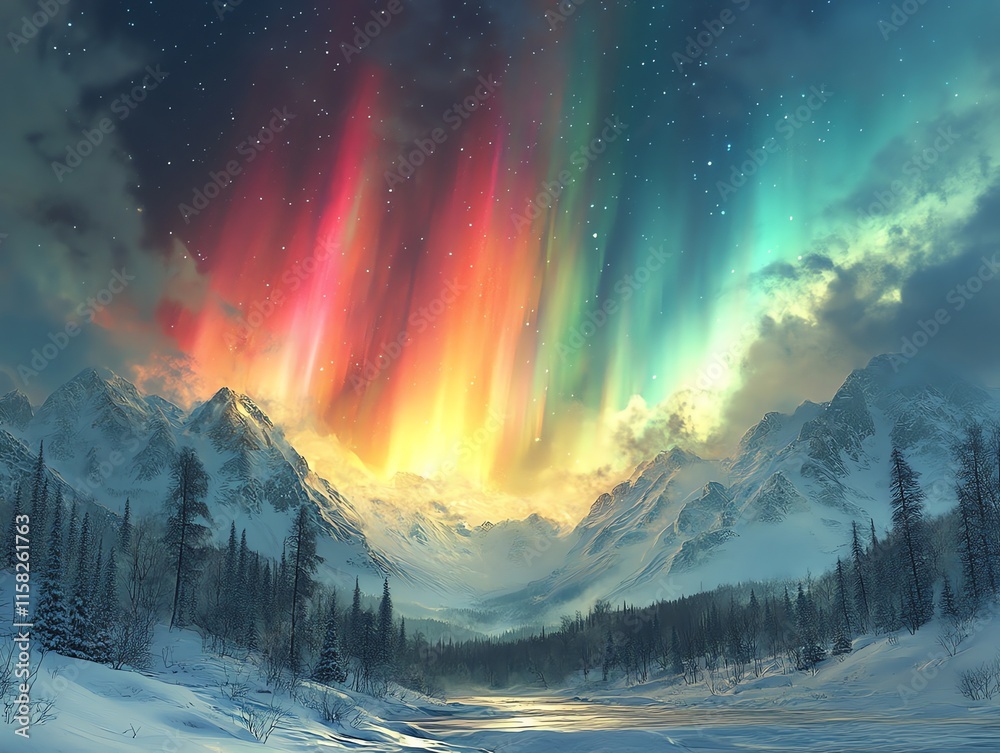 Poster a breathtaking view of the aurora borealis illuminating snowy mountains at dusk.