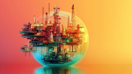 Obraz premium surreal scene of floating oil rig surrounded by vibrant colors, showcasing innovation and creativity