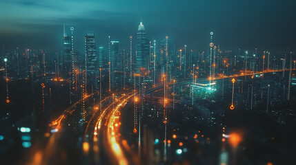 Smart Innovation city with connection cyber security network reciprocity over the night cityscape future wireless digital city and social media networking systems that connects people in the city