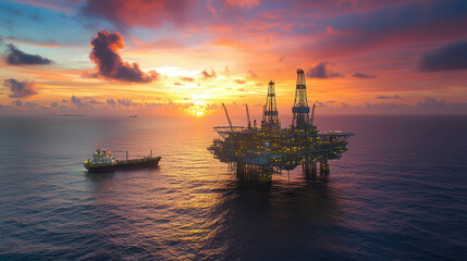 Fototapeta premium Offshore oil rig at sunset, illuminated by golden light over ocean, creating stunning view