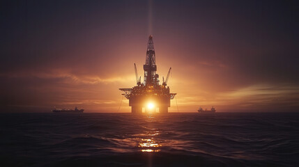 Offshore oil rig silhouetted against stunning golden sunset over ocean