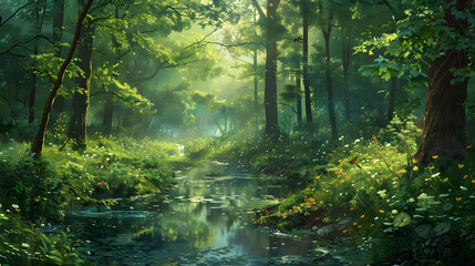 Obraz premium Serene Forest Oasis: Sunlit Canopy and Meandering Stream Amidst Vibrant Foliage