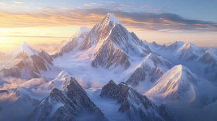 A cinematic photograph of the K2 mountain in snow, at sunrise, with an epic view, ultra-realistic in style