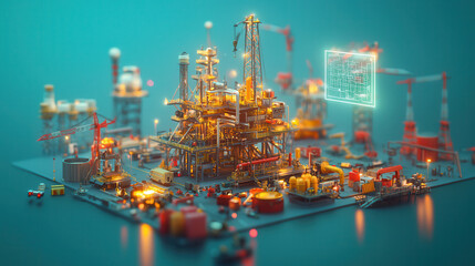 Fototapeta premium detailed oil rig model with vibrant colors and glowing elements, showcasing industrial machinery and equipment