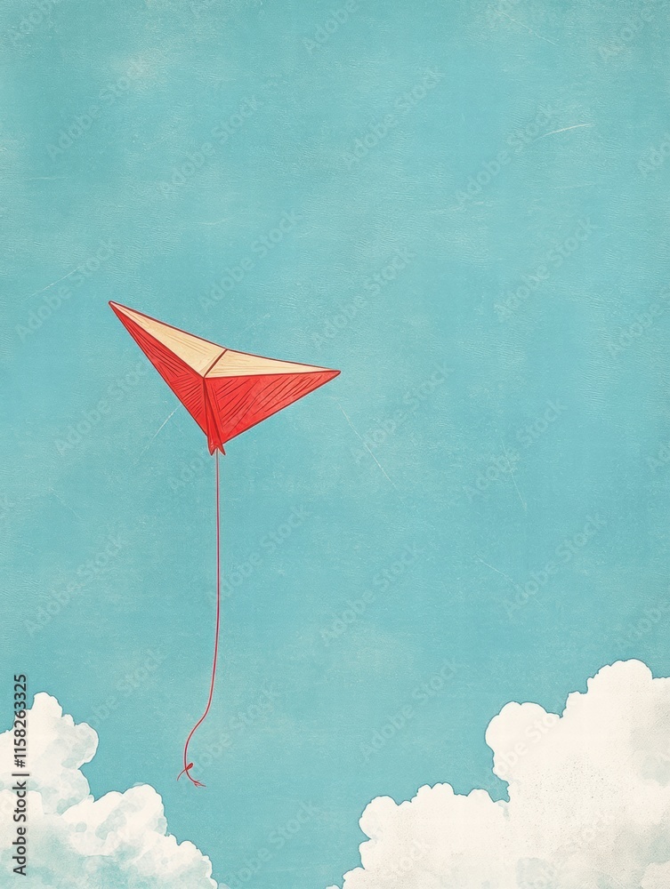 Poster colorful kite soaring in a bright blue sky with fluffy clouds and ample copy space for creative text