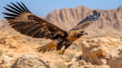 Fototapeta premium Majestic eagle in flight over rocky desert landscape.