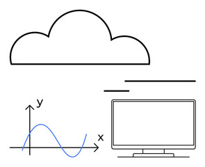 Cloud icon, computer monitor, and graphical wave on X and Y axes. Ideal for cloud computing, data analysis, technology, digital transformation, business insights remote work and IT services. Line