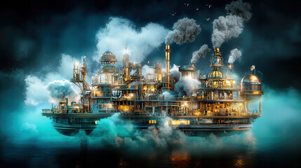 Obraz premium stunning steam powered oil rig blends industrial revolution aesthetics with modern design, showcasing intricate machinery and vibrant smoke