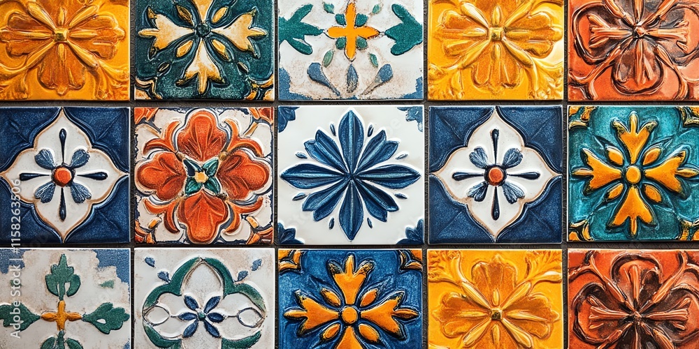 Poster colorful ceramic tiles with intricate floral patterns arranged in a grid.