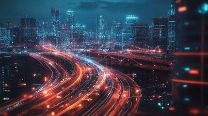 Obraz premium Smart Innovation city with connection cyber security network reciprocity over the night cityscape future wireless digital city and social media networking systems that connects people in the city