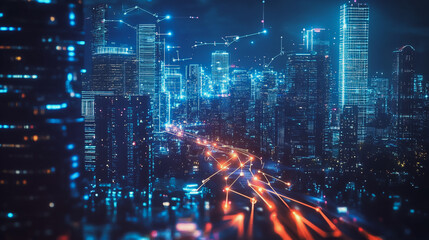 Fototapeta premium Smart Innovation city with connection cyber security network reciprocity over the night cityscape future wireless digital city and social media networking systems that connects people in the city