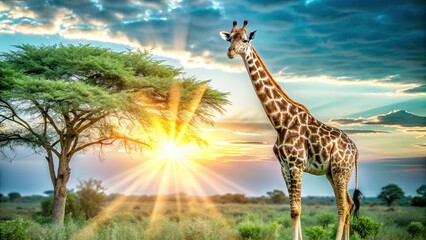 Obraz premium Silhouetted giraffes against a fiery African sunset, a double exposure masterpiece.