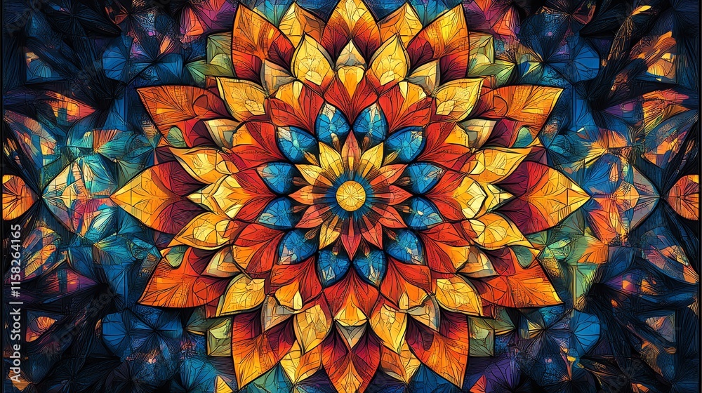 Poster a vibrant mandala design featuring colorful petals and intricate patterns.