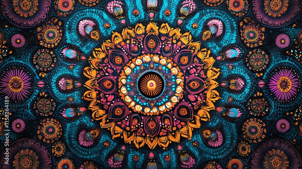 Poster a vibrant mandala design featuring intricate patterns and colors, symbolizing harmony and balance.