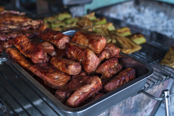 Cooked Pork Steak, Roast Pork on metal sheet