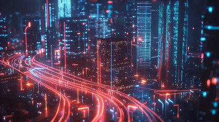 Fototapeta premium Smart Innovation city with connection cyber security network reciprocity over the night cityscape future wireless digital city and social media networking systems that connects people in the city
