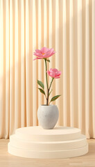 Obraz premium Pink flowers in a gray pot on a podium with beige curtains and soft sunlight