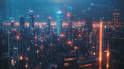 Obraz premium Smart Innovation city with connection cyber security network reciprocity over the night cityscape future wireless digital city and social media networking systems that connects people in the city