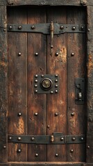 Fototapeta premium Old rustic wooden door with metal accents and hinges.