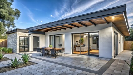 Sleek white gypsum home, black-framed windows, wood accents, and a black tile roof enhance the terrace.