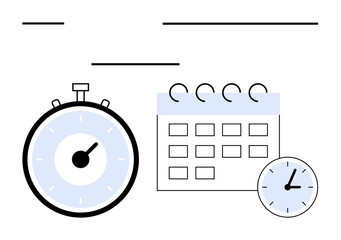 Obraz premium Stopwatch calendar with spiral binding, clock in line art style. Ideal for productivity, scheduling, organization, planning, efficiency, deadline tracking. Line metaphor