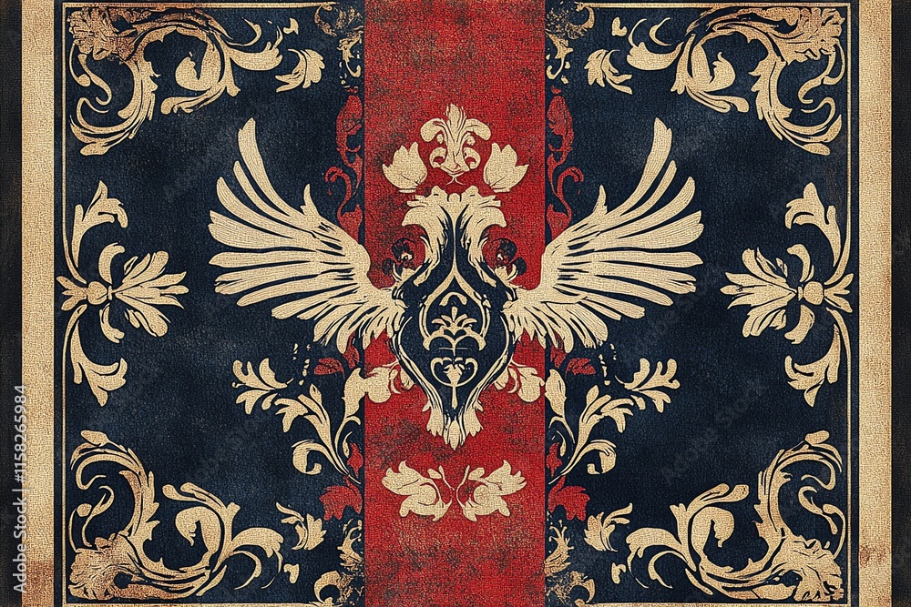 Poster Ornate design featuring a central emblem with wings and floral patterns on a textured background.