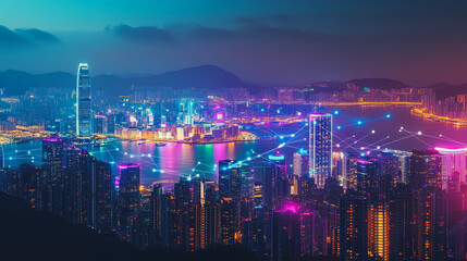 Obraz premium Smart Innovation city with connection cyber security network reciprocity over the night cityscape future wireless digital city and social media networking systems that connects people in the city