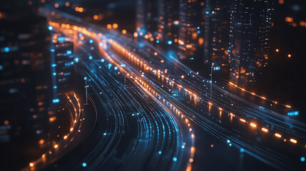 Smart Innovation city with connection cyber security network reciprocity over the night cityscape future wireless digital city and social media networking systems that connects people in the city