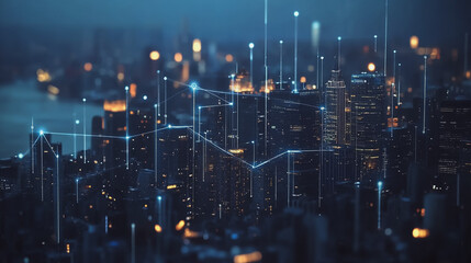 Fototapeta premium Smart Innovation city with connection cyber security network reciprocity over the night cityscape future wireless digital city and social media networking systems that connects people in the city