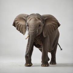Fototapeta premium A baby elephant with floppy ears and a small trunk, standing on a white background.