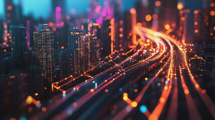 Fototapeta premium Smart Innovation city with connection cyber security network reciprocity over the night cityscape future wireless digital city and social media networking systems that connects people in the city