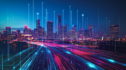 Obraz premium Smart Innovation city with connection cyber security network reciprocity over the night cityscape future wireless digital city and social media networking systems that connects people in the city
