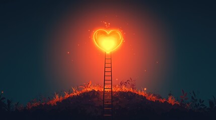 Fototapeta premium A glowing heart-shaped light shines brightly from the top of a ladder, surrounded by plants and an enchanting dark backdrop, symbolizing hope and aspiration.