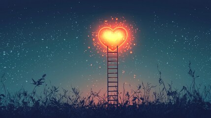 A Bright Heart Rising Above A Silhouetted Landscape With A Ladder Reaching Towards A Shimmering Heart Icon Illuminated By Sparkles At Twilight Sky