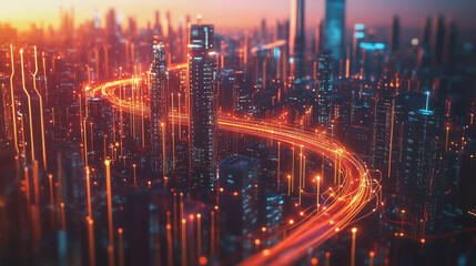 Fototapeta premium Smart Innovation city with connection cyber security network reciprocity over the night cityscape future wireless digital city and social media networking systems that connects people in the city