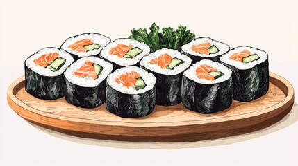 Deliciously arranged sushi rolls featuring fresh salmon and cucumber on a wooden platter, perfect for a vibrant dining experience and culinary delight.