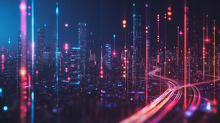 Naklejka premium Smart Innovation city with connection cyber security network reciprocity over the night cityscape future wireless digital city and social media networking systems that connects people in the city