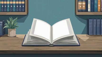 Fototapeta premium Open Book on Wooden Table in Cozy Library Setting with Bookshelves Filled with Colorful Literature and a Touch of Greenery for Inviting Study Atmosphere