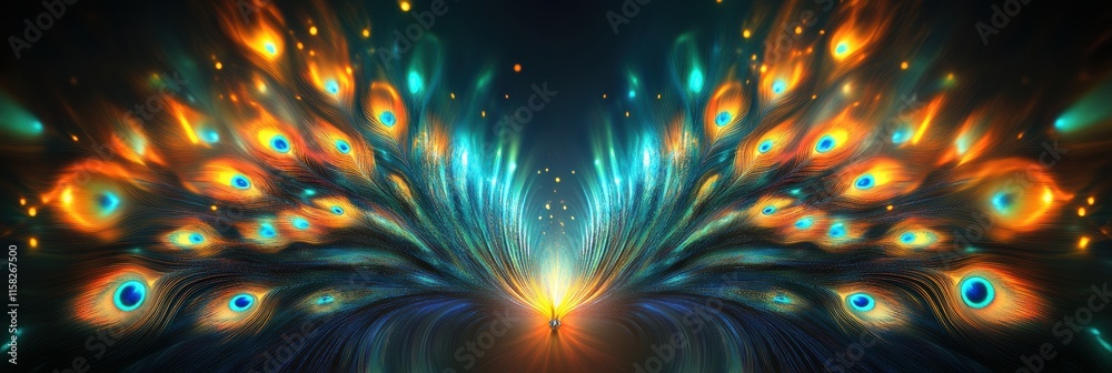 Poster vibrant display of peacock tail feathers showcasing colorful patterns and bright hues in a mystical 