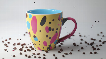 Fototapeta premium colorful coffee mug with vibrant design sits among scattered coffee beans, creating lively and inviting atmosphere for coffee lovers