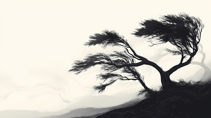 Wide-angle windswept trees in nature with strong wind blowing. Windswept. Illustration