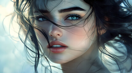 Windswept beauty portrait - a captivating portrait of a young woman with windswept hair and a thoughtful expression. Windswept. Illustration