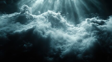 Ethereal light breaks through dark, swirling clouds, creating a dramatic and atmospheric scene.