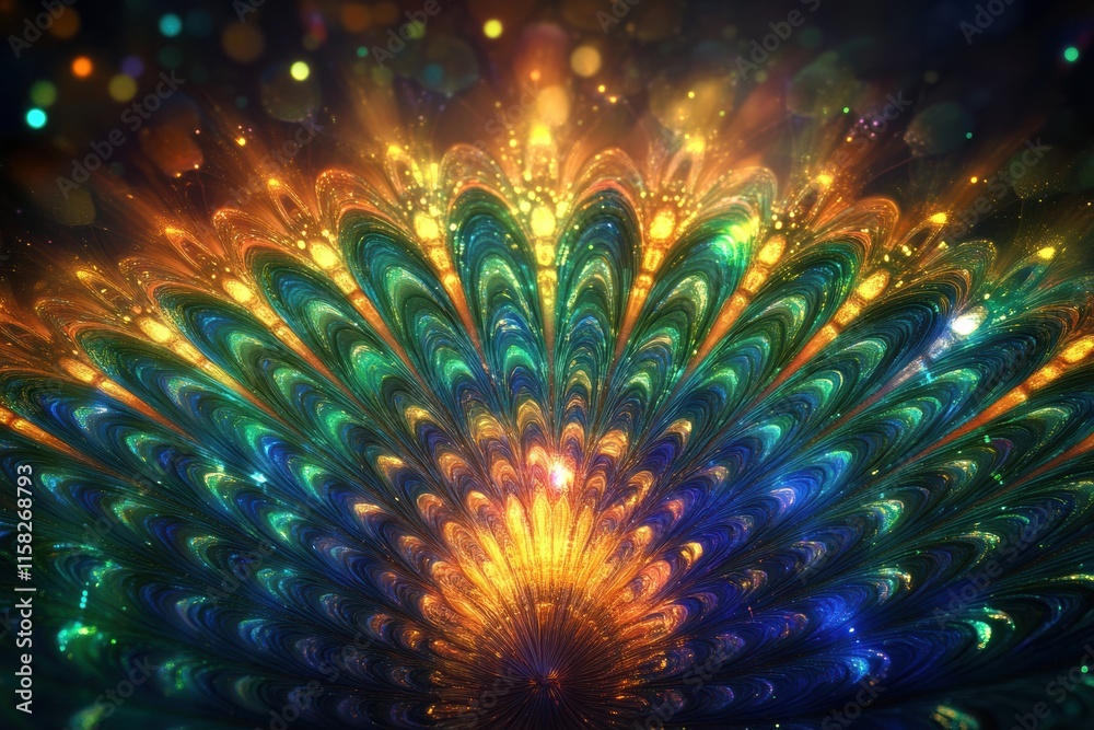 Fototapete colorful display of vibrant peacock tail feathers with luminous effects and deep hues in an artistic