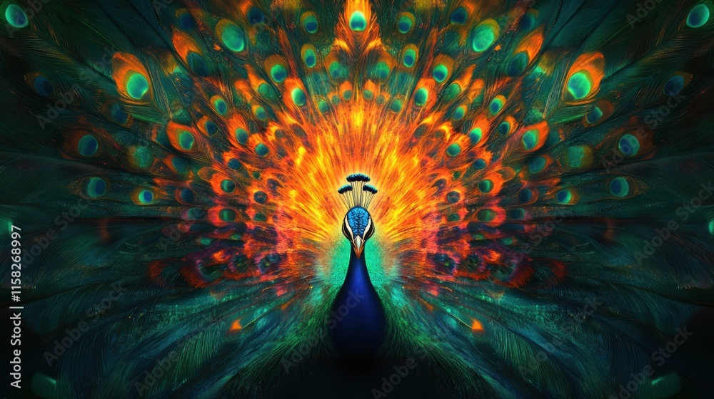 Aufkleber Peacock displays vibrant tail feathers with colorful patterns in a captivating fan shape. Generative AI