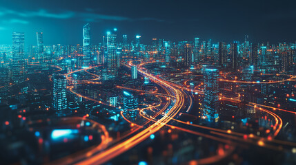 Smart Innovation city with connection cyber security network reciprocity over the night cityscape future wireless digital city and social media networking systems that connects people in the city