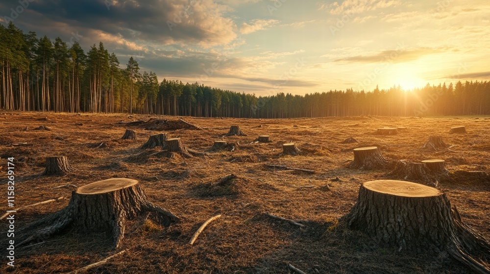 Aufkleber deforestation leads to barren landscape with tree stumps under a setting sun in a serene forest envi