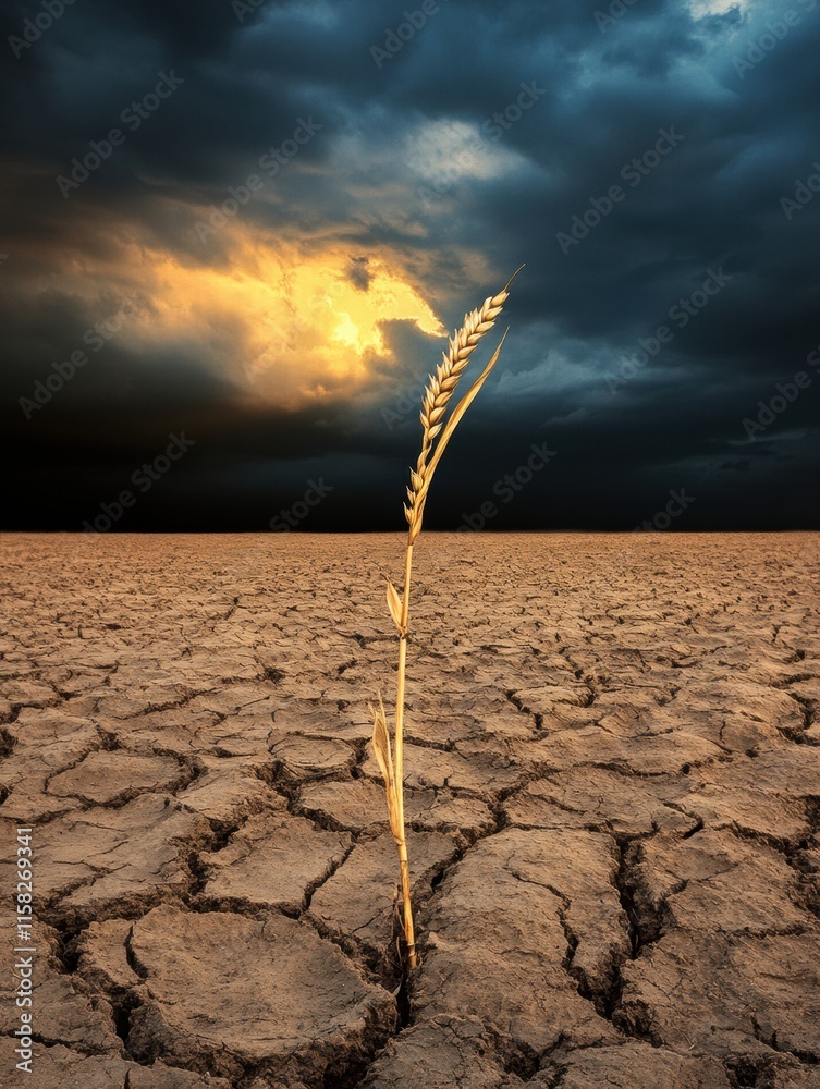 Poster dry barren field features a solitary stalk of withered wheat under a dramatic sky with swirling clou