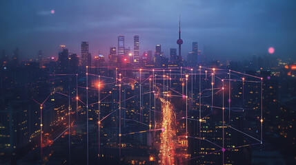Fototapeta premium Smart Innovation city with connection cyber security network reciprocity over the night cityscape future wireless digital city and social media networking systems that connects people in the city